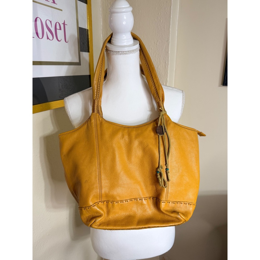 The Sak Mustard Yellow Pebbled Leather Hobo Shoulder Bag Boho Whipstitch Tassel